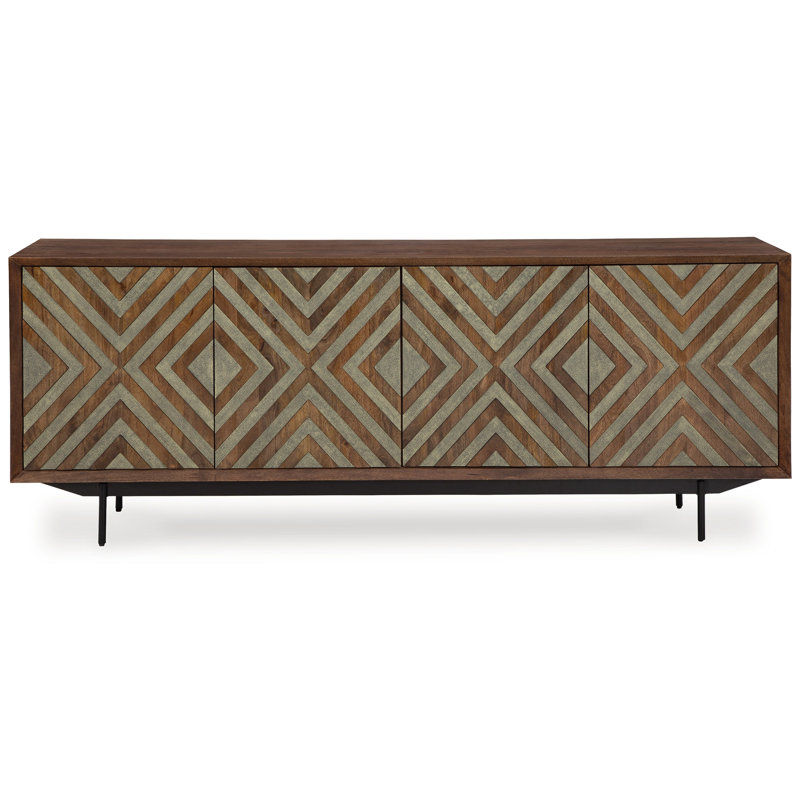Sideboard Cabinet Console, 4 Carved Diamond Style Doors, Brown 76 Inch