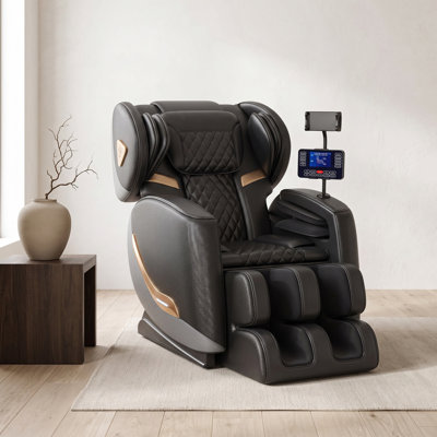 Fauteuil de massage inclinable sans gravité pour tout le corps, avec 10 coussins gonflables, inclinaison à 165°, chauffage, rouleaux de massage pour les pieds, haut-parleur Bluetooth et commande tactile, supporte jusqu'à 90 kg, cuir synthétique, noir