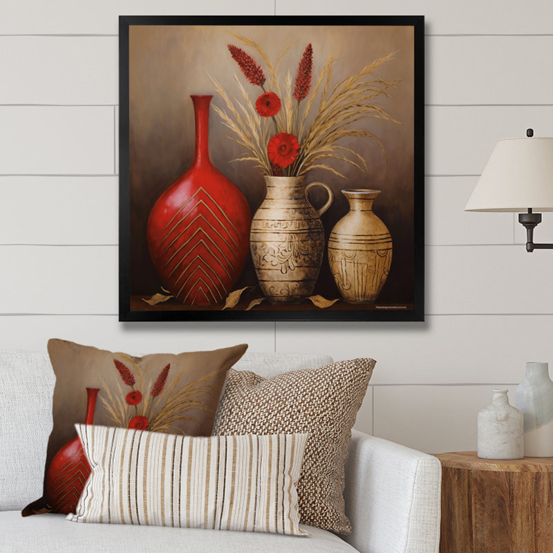 Nature morte, vase rouge avec blé et fleurs rouges - reproduction sur toile, H 36 po x l 36 po x P 1,5 po, Cadre simple noir