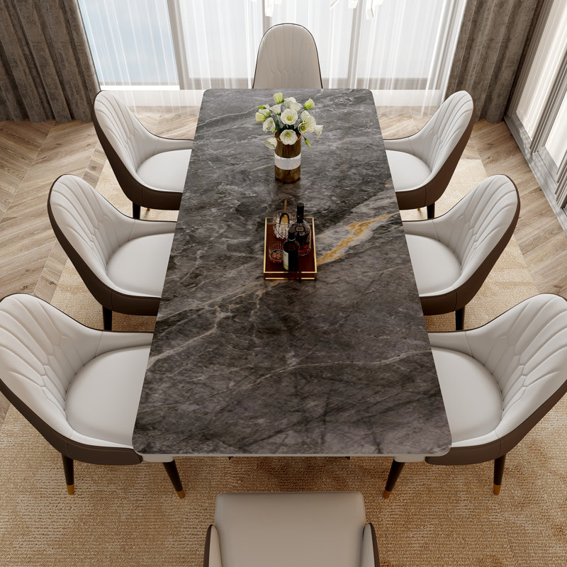 Table de salle à manger pour 6 à 8 personnes, avec plateau rectangulaire en pierre frittée et base en acier gris acier