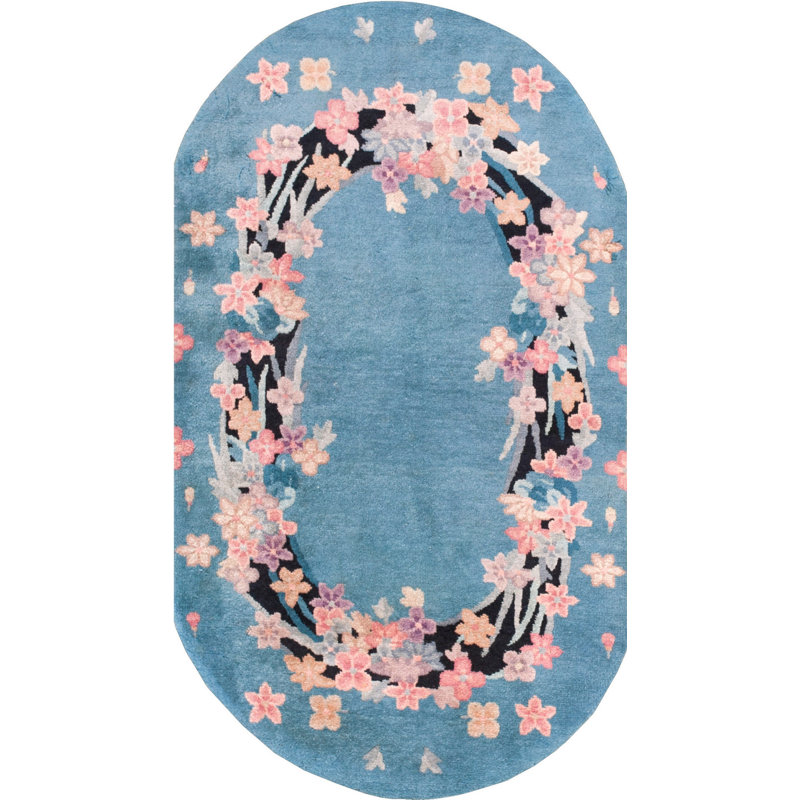 Small Light Blue Solid Open Field Color Oval Shape Antique Deco Chinese Rug