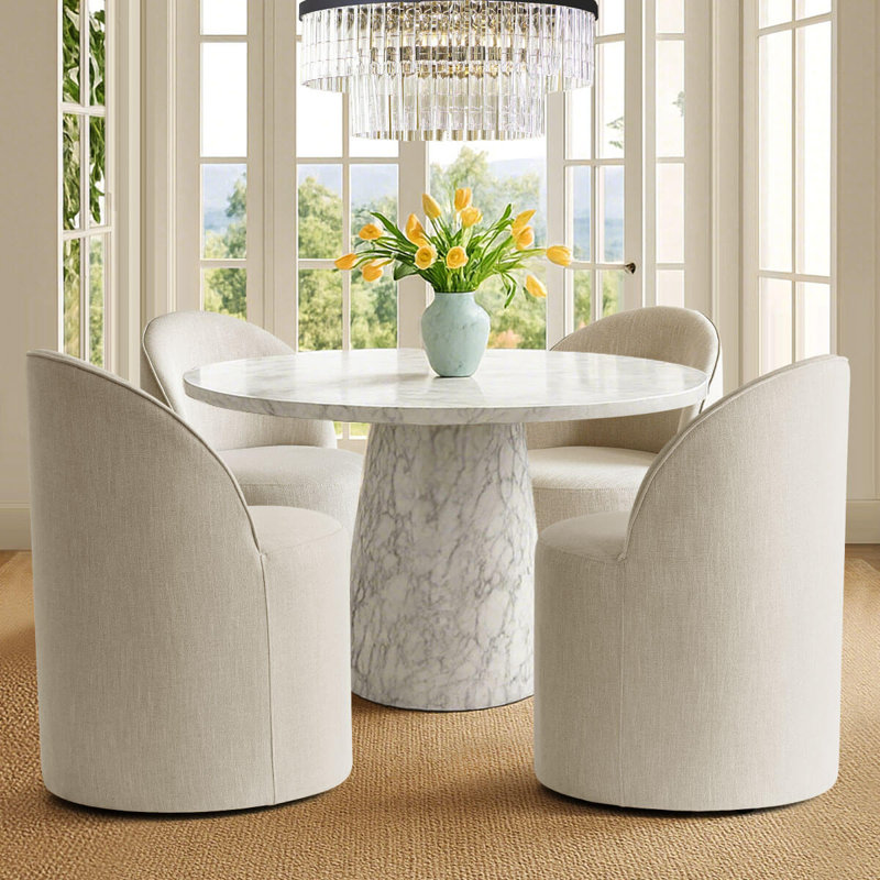 Upholstered Linen Barrel Swivel Dining Chair With Hidden Casters (Set of 4), Beige