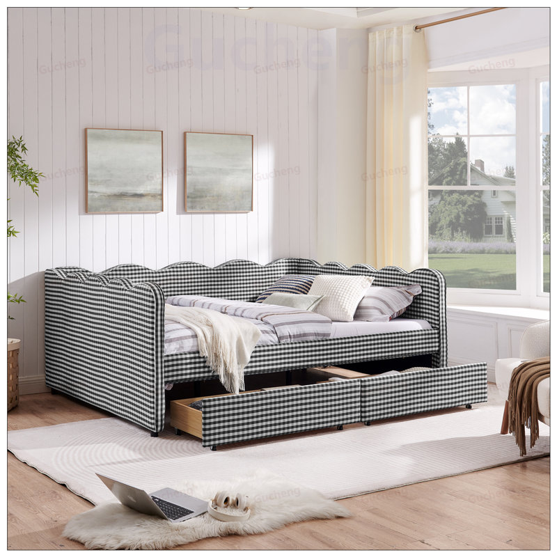 Lit de jour Cozy Gingham avec deux tiroirs de rangement, port USB et adorable tissu en forme de vague, Black