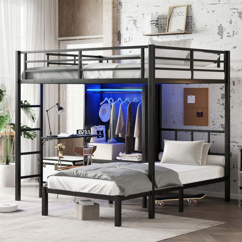 Full XL Over Twin Metal Bunk Bed With Folding Desk, Closet With LED ,Space-Saving/Noise Reduced