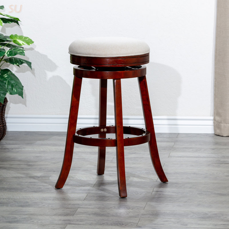 30 Inch Backless Swivel Bar Stool, Cherry Finish With Beige Fabric Seat For Comfort And Style, Bar Stool, Beige, Cherry