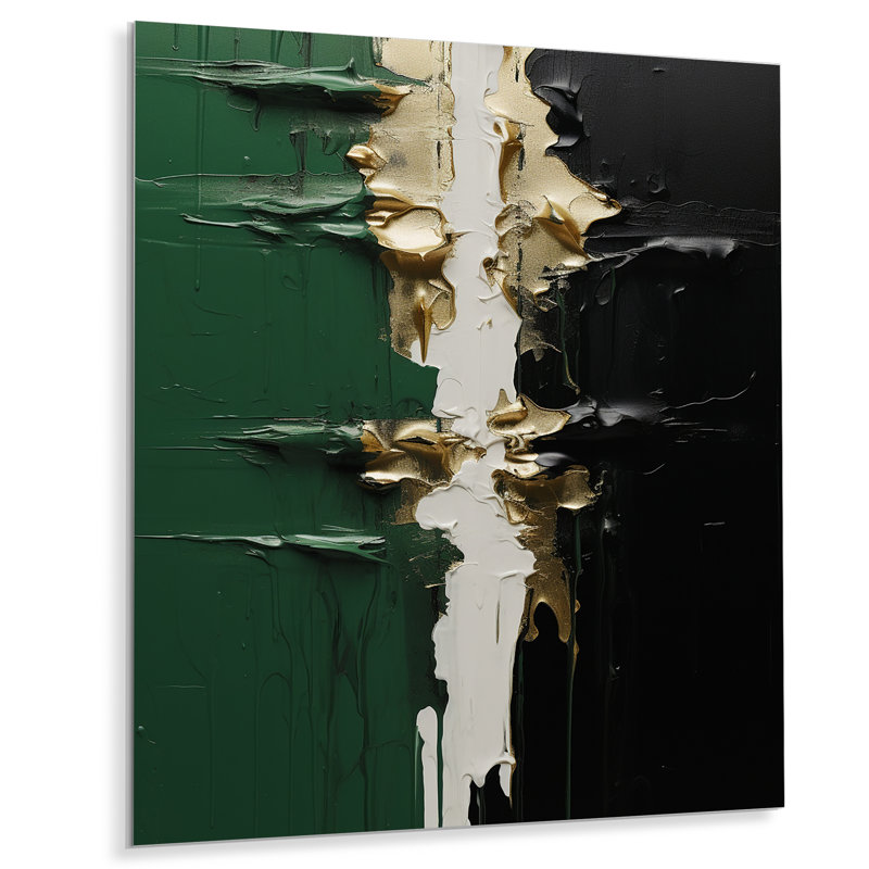 Encre dorée verte et noire II - art mural abstrait en métal, H 32 po x l 16 po x P 1 po