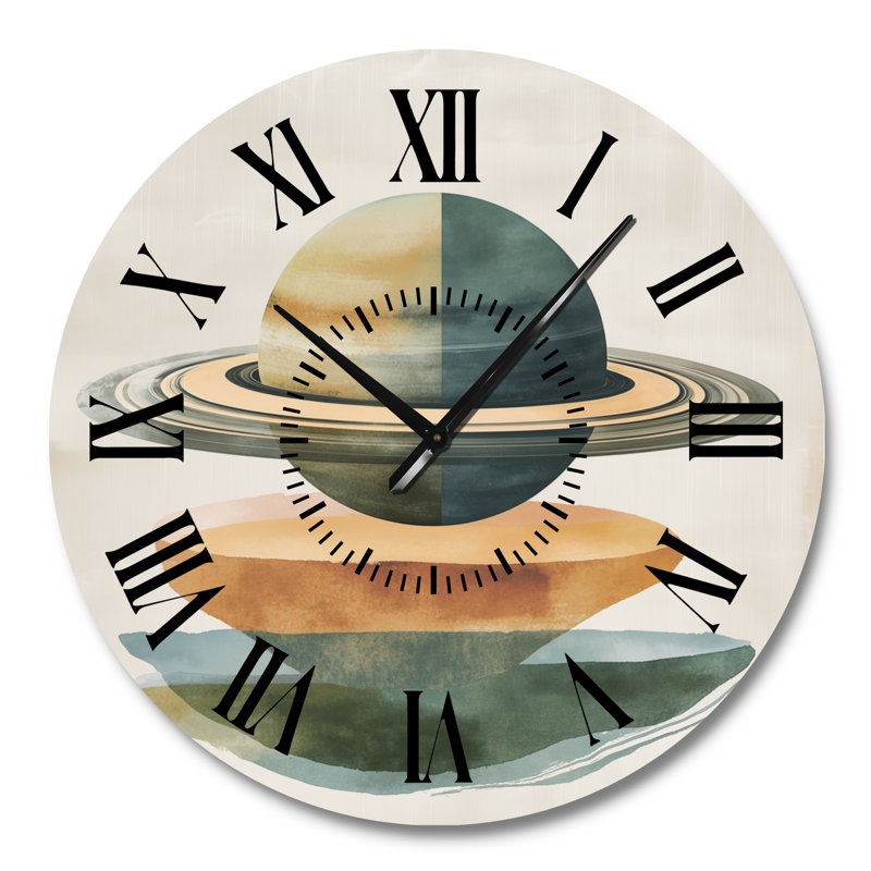 Horloge murale céleste silencieuse en métal, motif anneaux de Saturne sur fond de tons terrestres, Grand