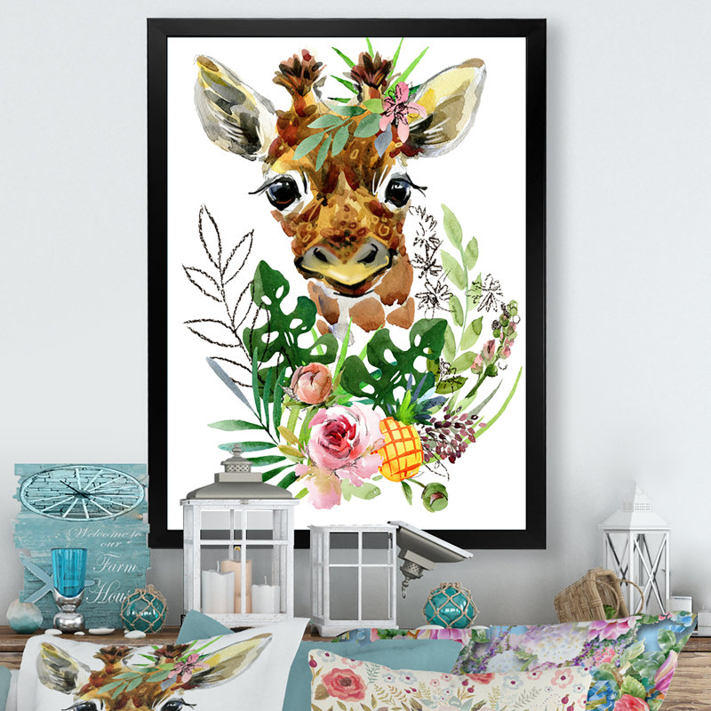 Girafe, animaux sauvages - Illustration sur toile, H 20 po x l 12 po, Cadre photo noir