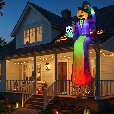 10FT Sitting Halloween Inflatable Pumpkin with Flame Light for Roof Decor Giant Halloween Inflatables Outdoor Decorations, Sitting Pumpkin Blow Up with Flame Light, Balcony Lawn Garden Yard Decor