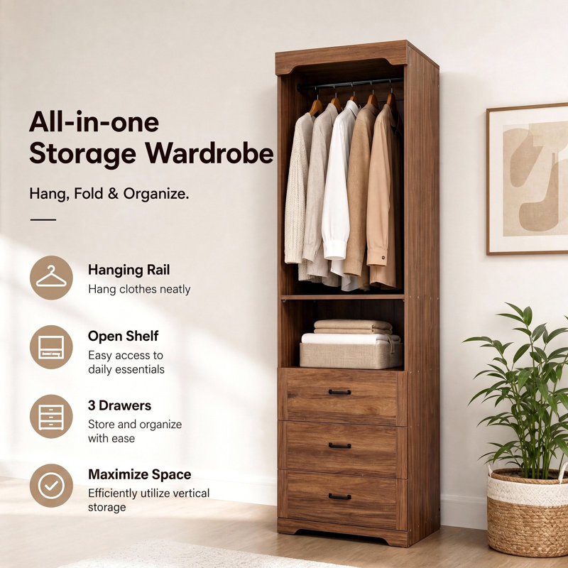 Armoire-penderie autoportante à 3 tiroirs avec étagères réglables et tringle, couleur chêne brun, Brun chêne