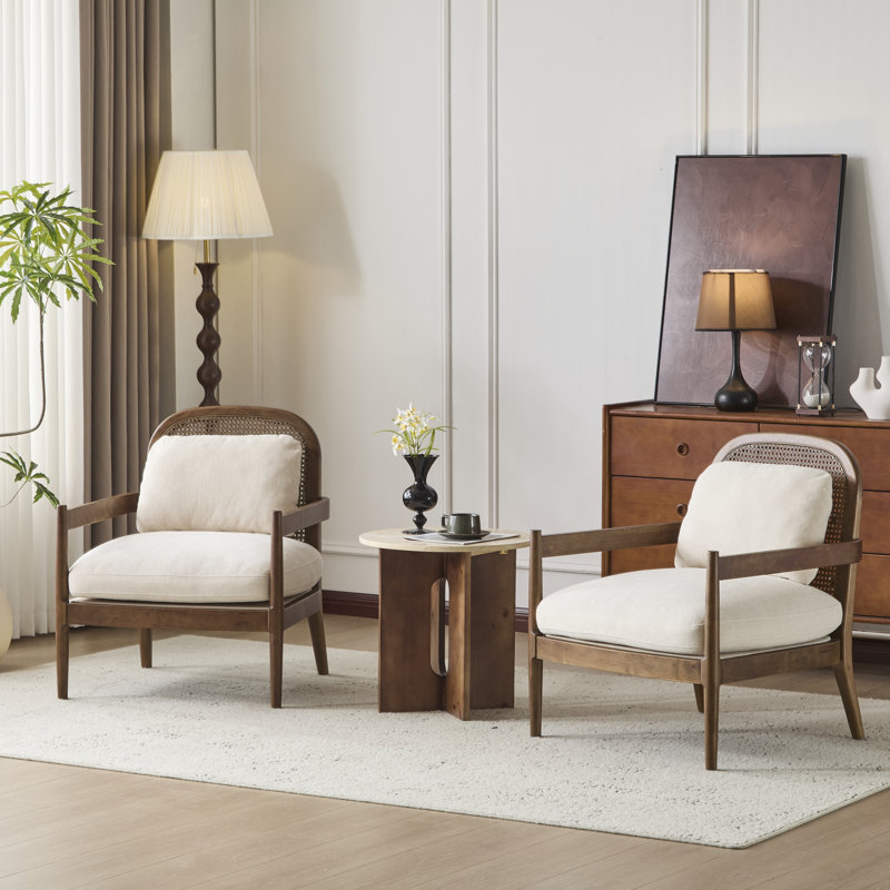 Fauteuil d'appoint Mid-Century moderne de 26,6 po avec dossier en rotin et structure en bois d'hévéa Marindale