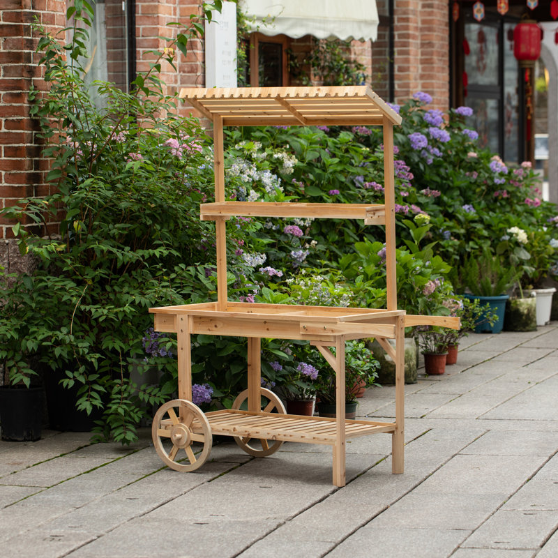 Présentoir à plante antique en bois massif avec présentoirs décoratifs en bois | Chariot à 2 roues en bois avec tablettes pour plantes et plus