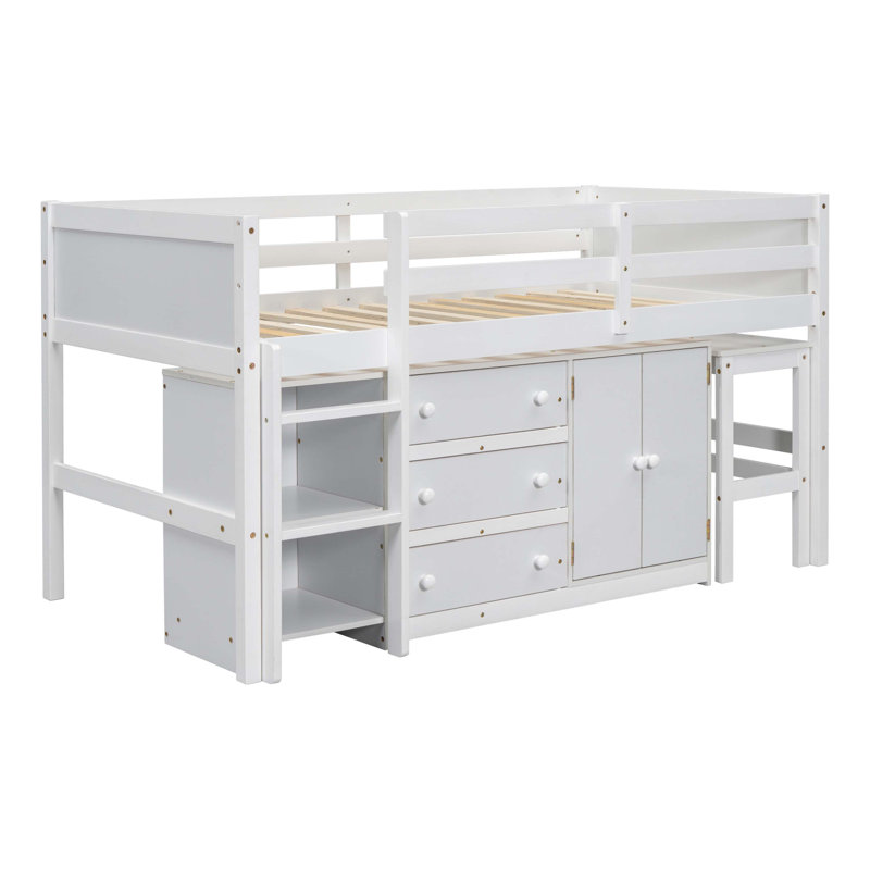 Lit mezzanine simple simple avec bureau coulissant, tiroirs, armoire et tablettes pour couleur blanche