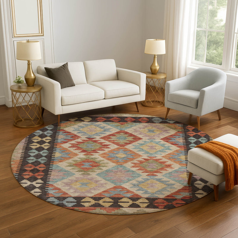 Premium Machine Washable Tara AMF1915 Tribal Rug, Round 8'