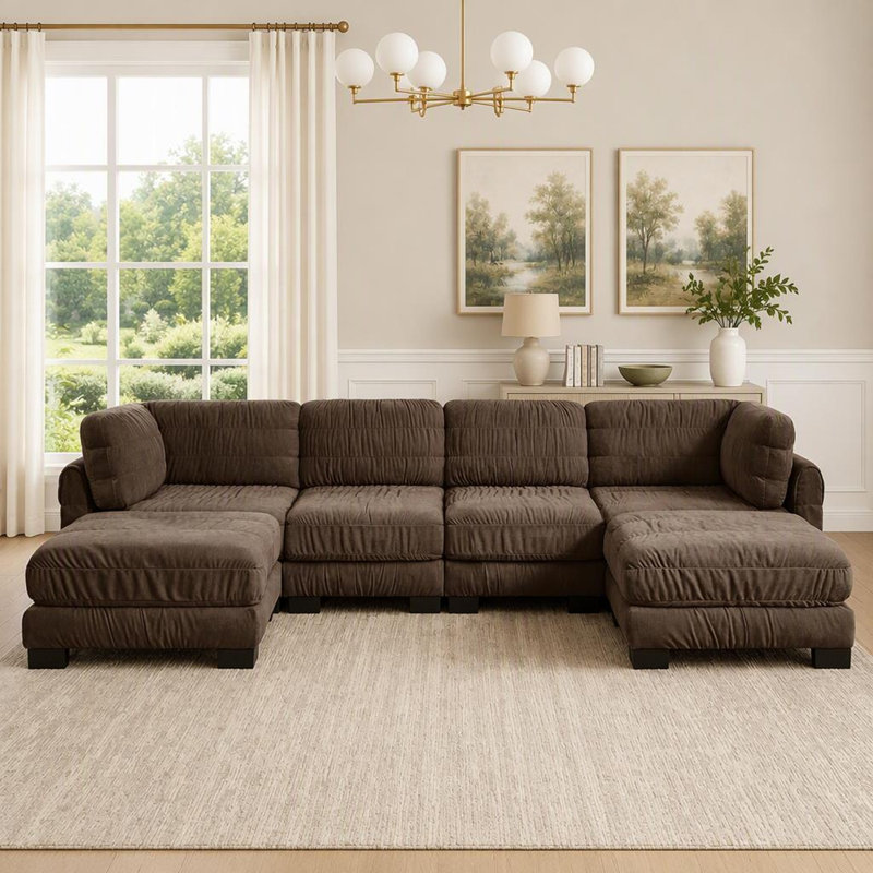 Canapé d'angle modulaire en chenille, 2 poufs amovibles, mousse haute densité, montage facile, 140.1, Brown