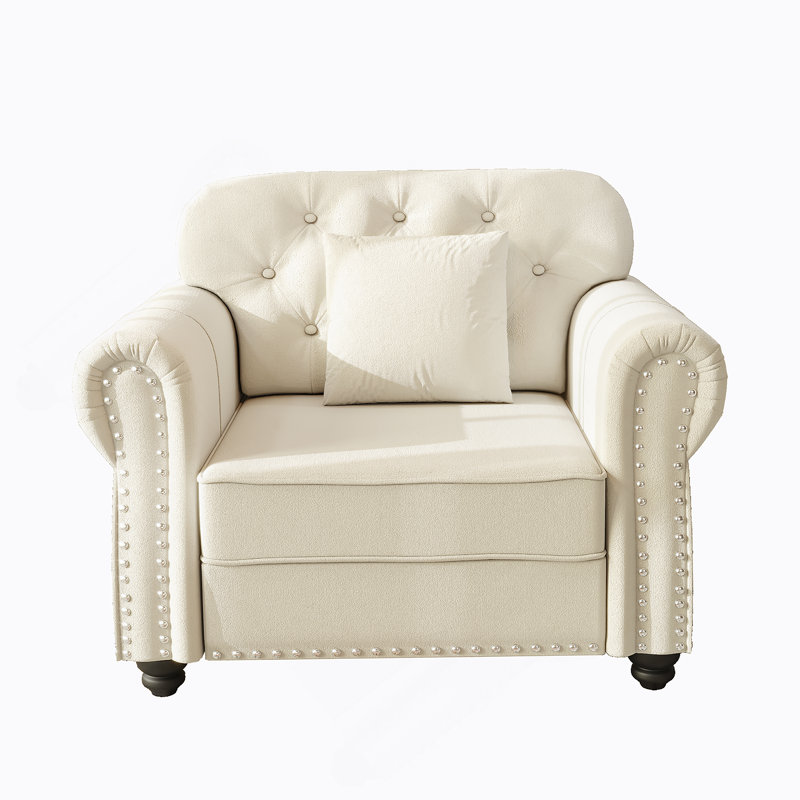 Canapé Chesterfield de 41,3 po en velours avec garniture cloutée et accoudoirs roulés, canapé de style Mid-Century moderne capitonné avec boutons, beige