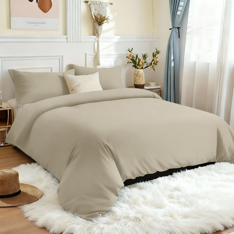 Microfiber 250 TC Reversible 4 piece Plain Duvet Cover Set with Pillowcases, Beige, King Duvet Cover + 4 Additional Pieces