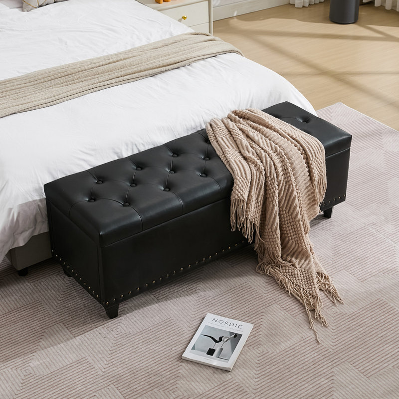 Espana 51'' Upholstered Tufted Storage Ottoman, Black Faux Leather