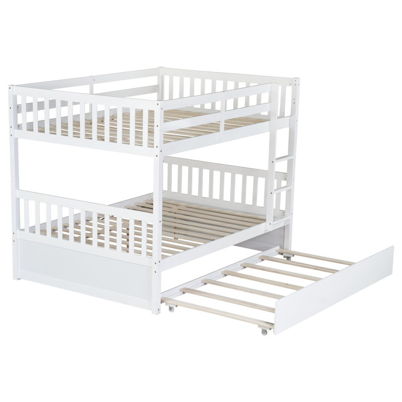 Lit superposé double en bois d'hévéa double avec lit gigogne simple, échelle et garde-corps, convertible en 2 lits doubles, blanc