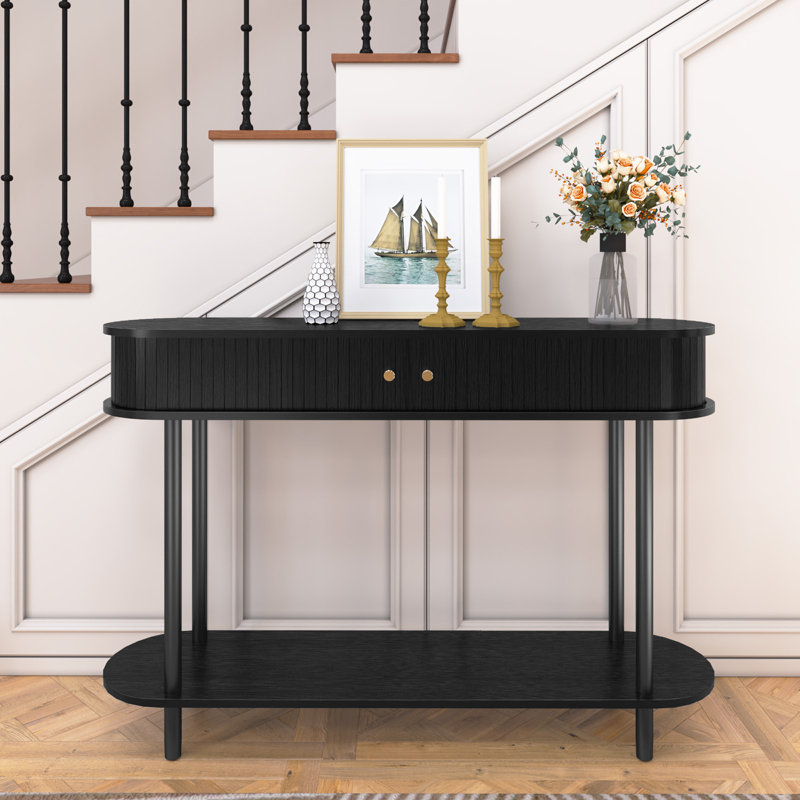 47" Console Table With Tambour Doors For Hallway, Living Room, Black