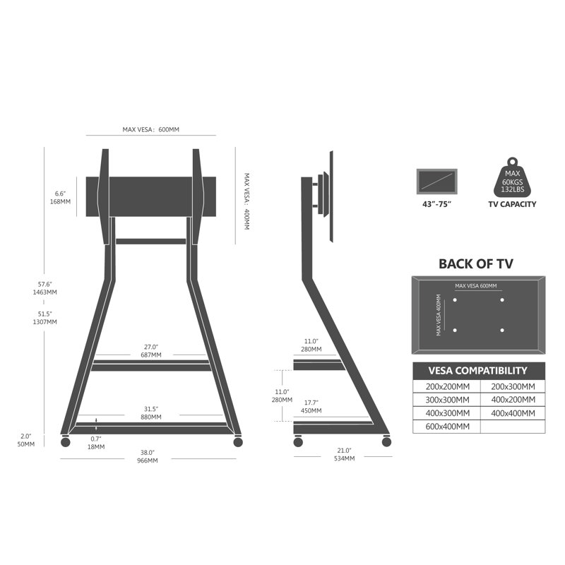 Viggo Floor TV Stand for 43 to 75 Inch TV, White