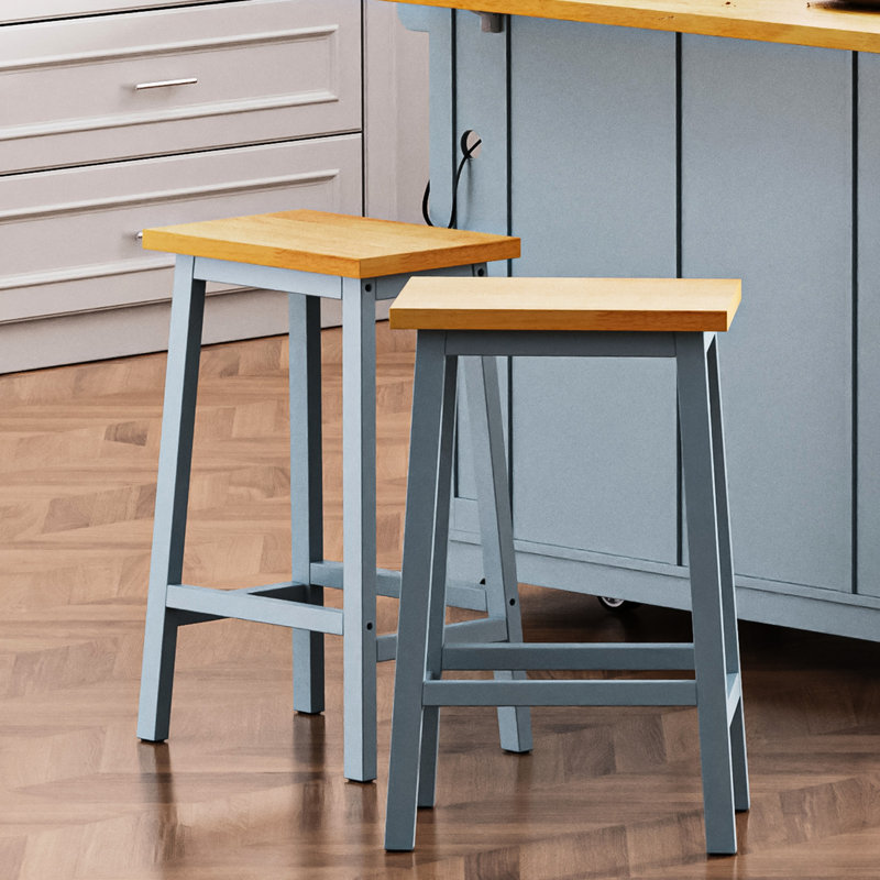 Grey Blue Solid Wood Stools, 25.6" Tall, Of 2 For Kitchen And Dining Area Bar Stools 2, Counter, With Footrests Stable Structure