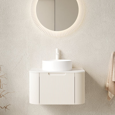 Dina 24" Striped Solid Wood Bathroom Vanity With Sink, Modern Wall-mounted Floating Curved Edges Striped Bathroom Storage Cabinet With A Drawer, White Round Ceramic Basin Without Faucet, Pre-assembled