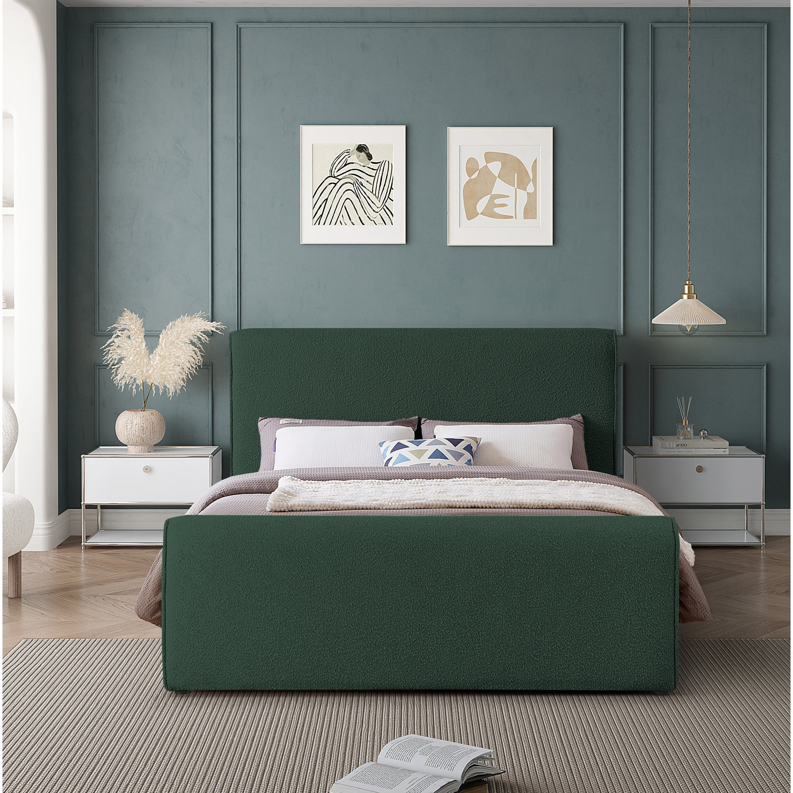 Chaylin Platform Bed, Queen, Green Boucle Fabric