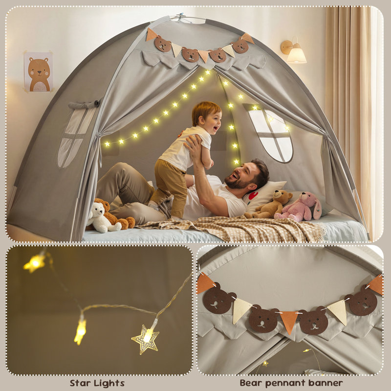 Full Bed Tent, Bed Canopy Bunk Bed Tent with Stars Light & Flags, Breathable Sleeping Tent, Privacy Space Dream Playhouse for Indoor Bedroom Floor Portable Play Tent, Birthday Gifts