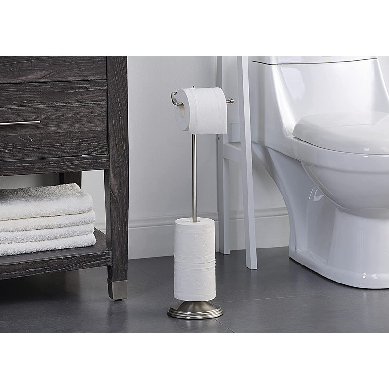 Porte-papier hygiénique sur pied pour salle de bain avec fonction de réserve, Nickel satiné
