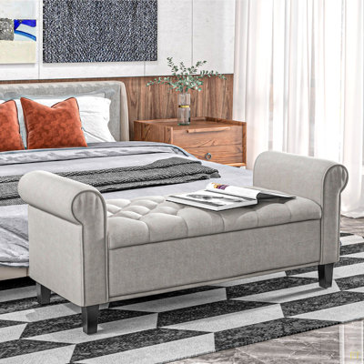 50" Storage Ottoman Bench, Upholstered End Of Bed Bench With Rolled Arms, Wood Legs, Button Tufted Storage Bench With Safety Hinges For Living Room, E