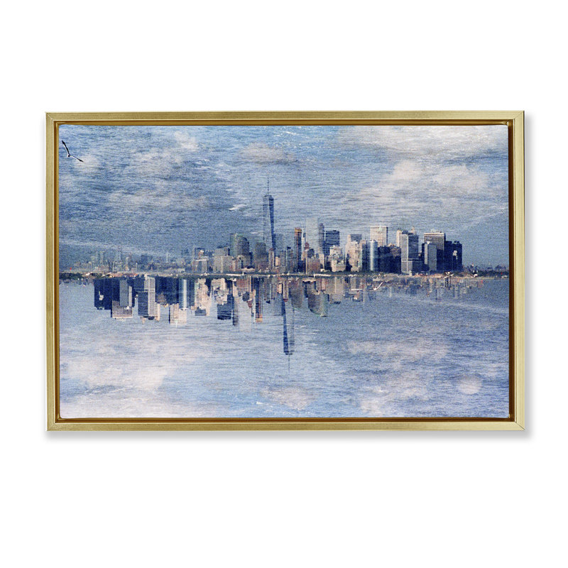 Cadre flottant City City, par Robin Vandenabeele, H 21 po x l 31 po, Cadre flottant métallique doré