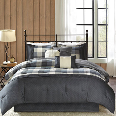 King Size Grey Herringbone Comforter - 7 Pieces With Buffalo Plaid Lure, Filling, Comprises Comforter, 2 Shams, 3 Pillows & Bed Skirt Piece Aspect, Pillows, Skirt, Machine Washable