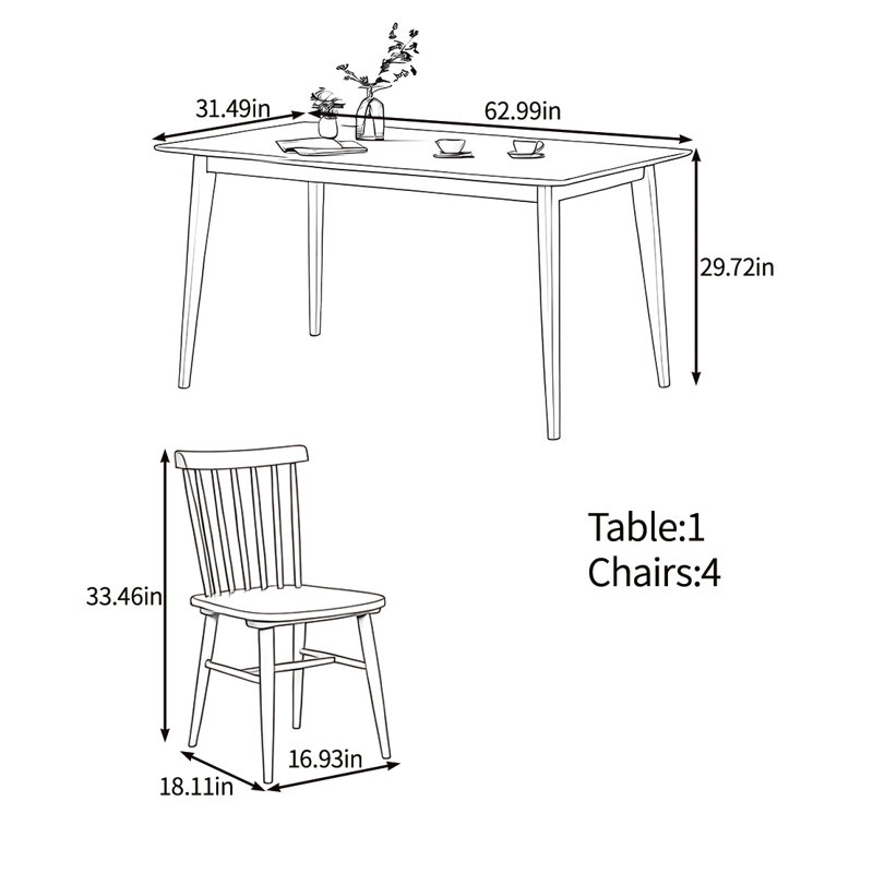 Elegant solid wood table set, 29.72"H x 62.99"L x 31.49"W