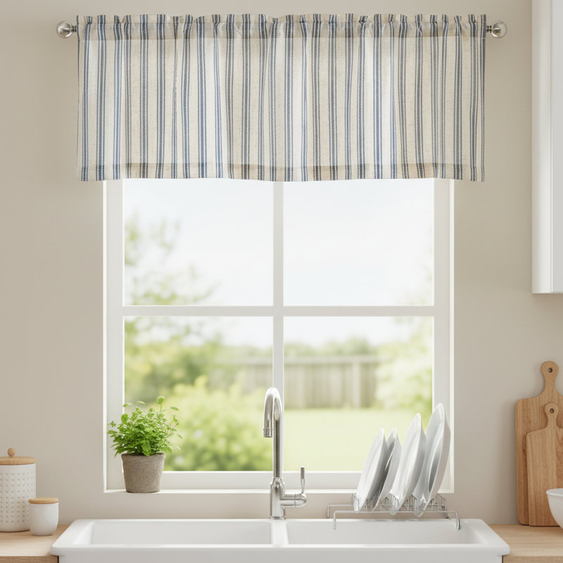 Farmhouse Style Striped Semi-Transparent Linen Valance, 50X16 Inch Rod Pocket Single Panel, Blue Background, Beige Valance.