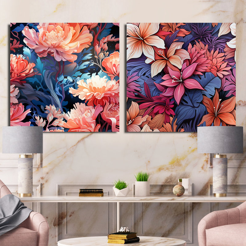 Coral Mirage - motif tropical II - ensemble de 2 collages carrés floraux, Toile tendue, H 16 po x l 33 po