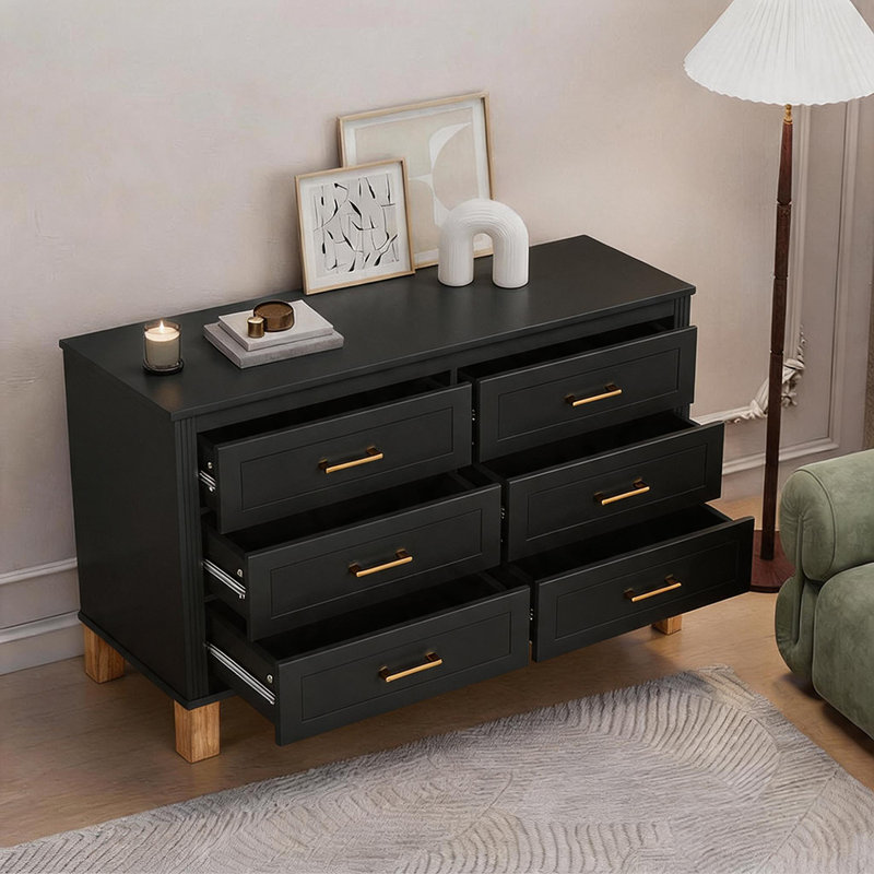 6-Drawer Double Dresser, Modern Storage Cabinet With Metal Handles & Solid Wood Legs, Black