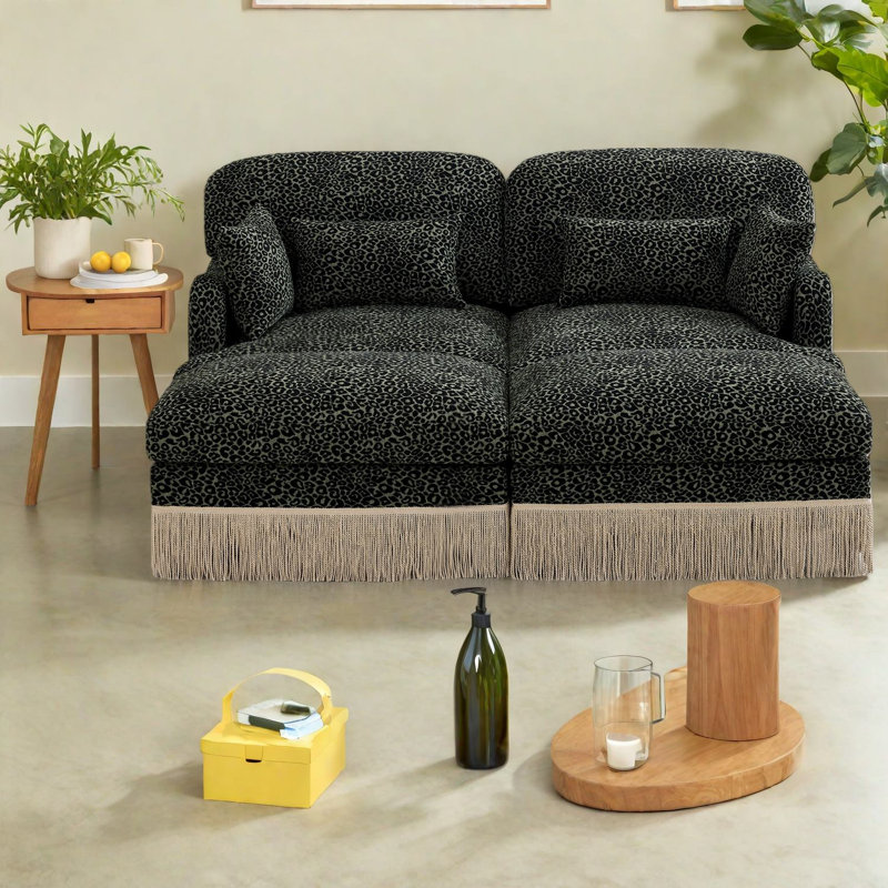 Deep Seat Chenille Sofas, Modern Leopard Tassel Loveseat For Home