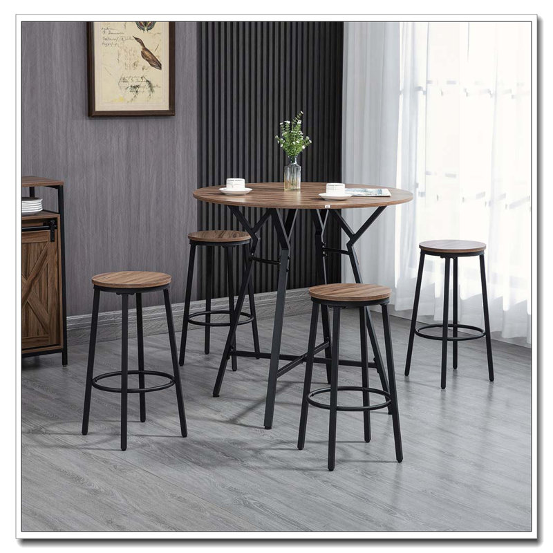 Ensemble 5 pièces de table de bar et chaises de style industriel avec un design peu encombrant, livré avec 4 tabourets de pub et de cuisine en noir et brun
