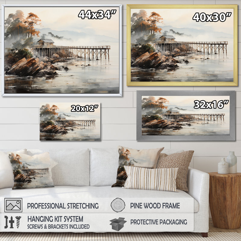 Pier Misty Morning Pier I sur impression sur toile, H 16 po x l 32 po x P 1 po, Cadre flottant noir