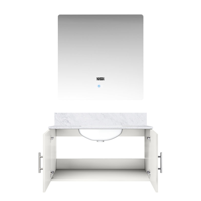 36 po Miroir à DEL et meuble-lavabo blanc brillant avec surface en marbre - compartiment spacieux, fermeture en douceur, plateau de rangement inclus