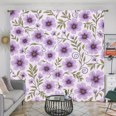 2Pcs Purple Floral Pattern Curtains, Rod Pocket Window Drapes, Elegant Nature Style, Living Room Bedroom Study Decor