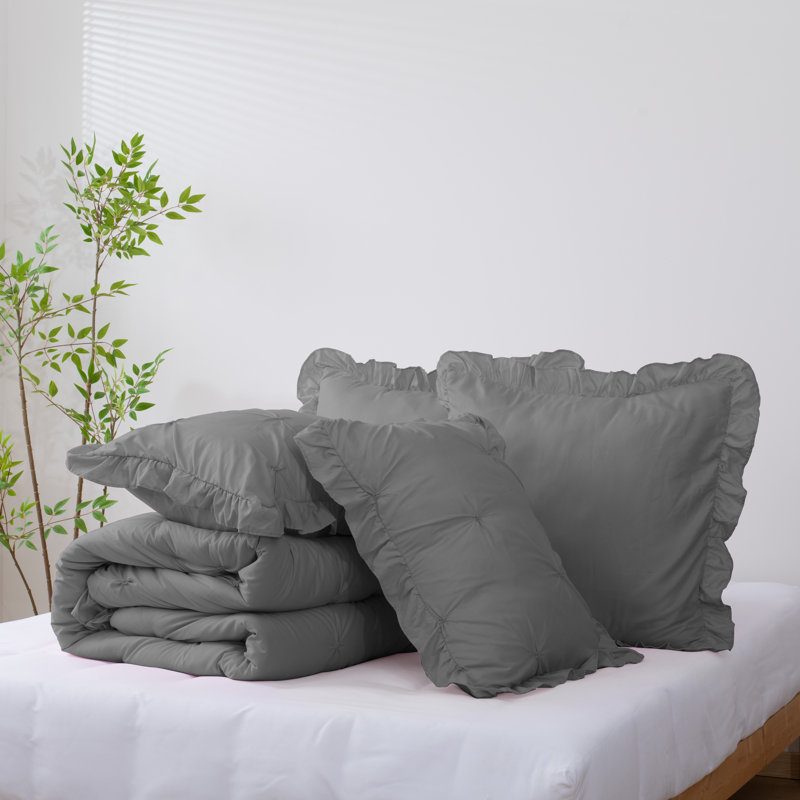 Ensemble d'édredon 5 pièces princesse romantique Pintuck, Édredon pour lit grand + quatre taies décorative, Gris