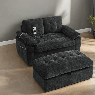 Adjustable Double Recliner Sofa, Chenille Fabric, Modern Black, For Home