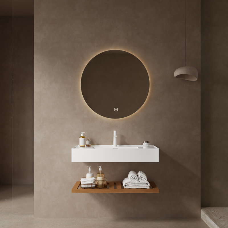 Meuble-lavabo mural rectangulaire en acrylique flottant de 36 po avec tablettes rayées, Noyer foncé 