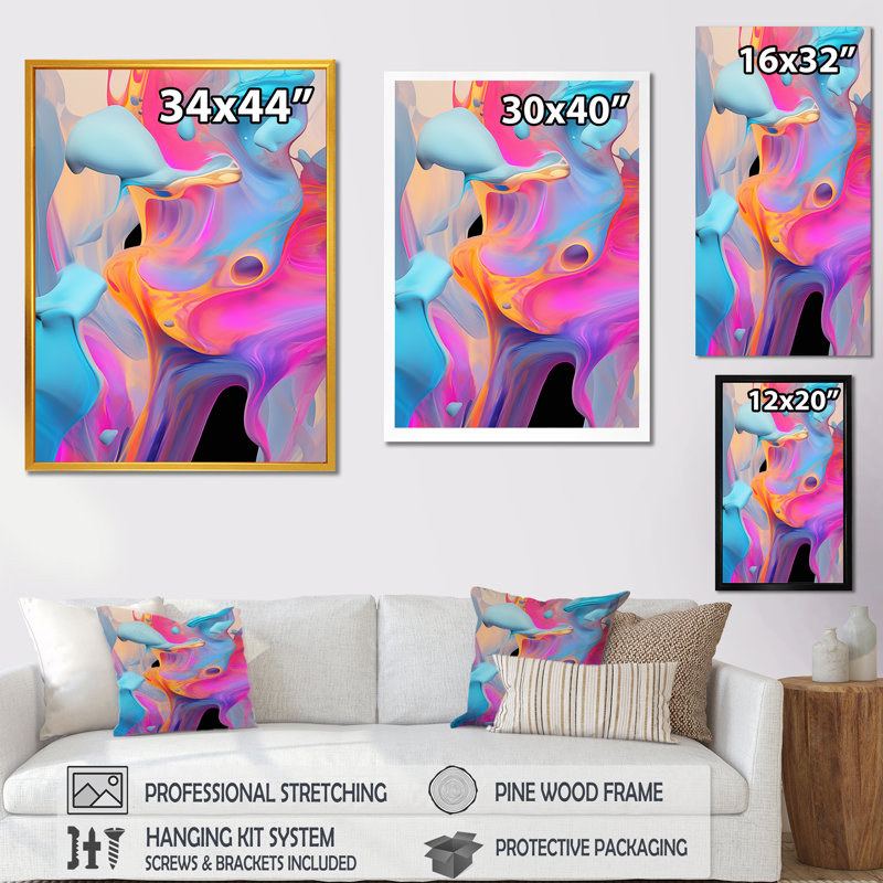 "Peinture rose et bleue Fusion V", Cadre flottant noir, H 32 po x l 24 po x P 1 po