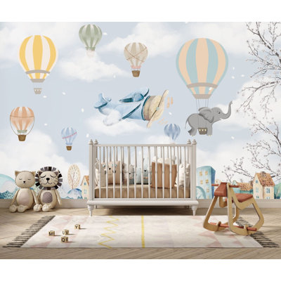 Hot Air Balloon and Flying Elephant Kids Wall Mural | Pastel Sky Nursery Wallpaper | Non-Woven or Peel and Stick
