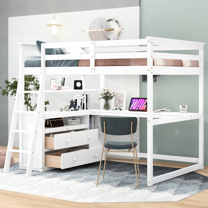 Lit mezzanine double pleine grandeur avec bureau et tablette, Lit double, Blanc