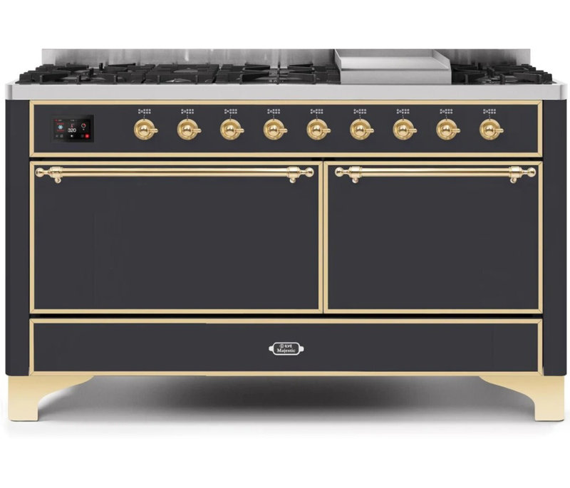 ILVE UM15FDQNS3BKCLP Majestic II 60 inch Dual Fuel Range with 9 Burners, Griddle (Liquid Propane, Solid Door, Glossy Black, Chrome)