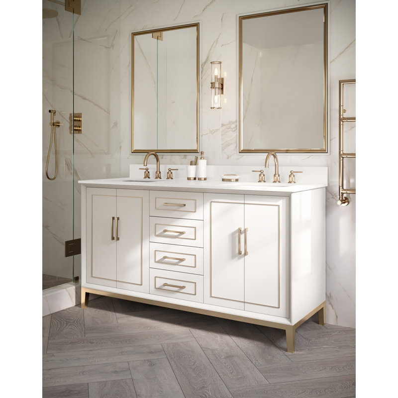 Gracie 60'' Double Bathroom Vanity with Top, White Quartz, Satin White (Cream White)